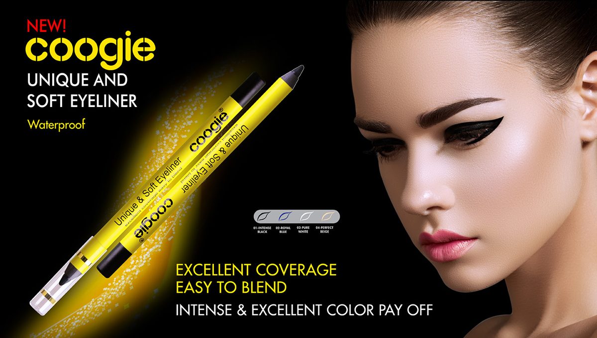 Coogie Unique and Soft Eyeliner campaign banner: NEW, waterproof, four shades.