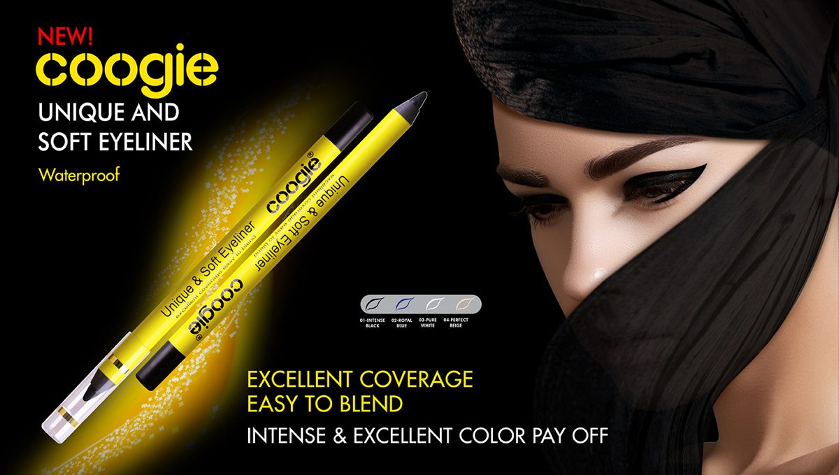 Coogie Unique and Soft Eyeliner campaign banner with a veiled model.